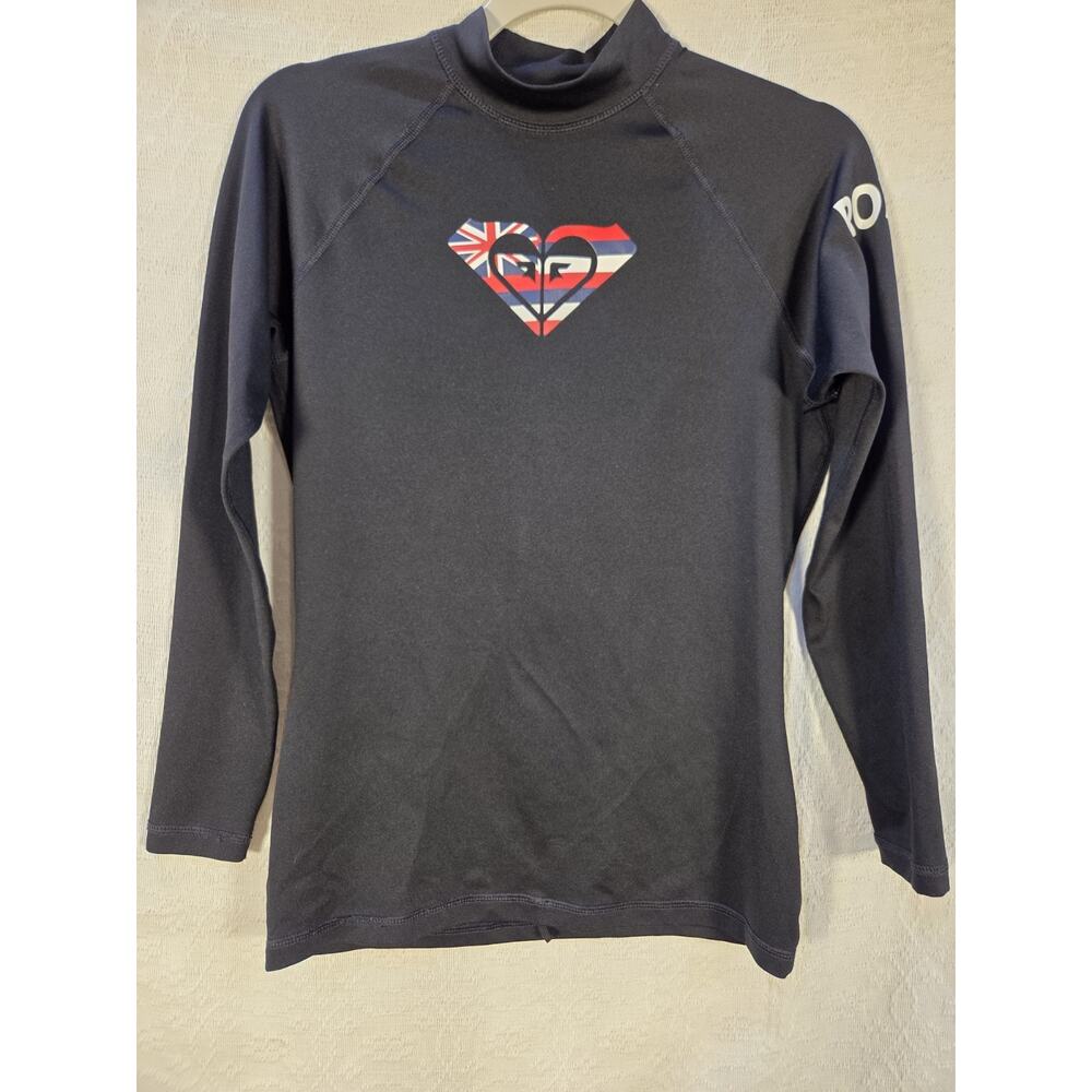Roxy Rash Guard Womens Black Long Sleeve Surf Swim Top Hawaii Graphic Size S